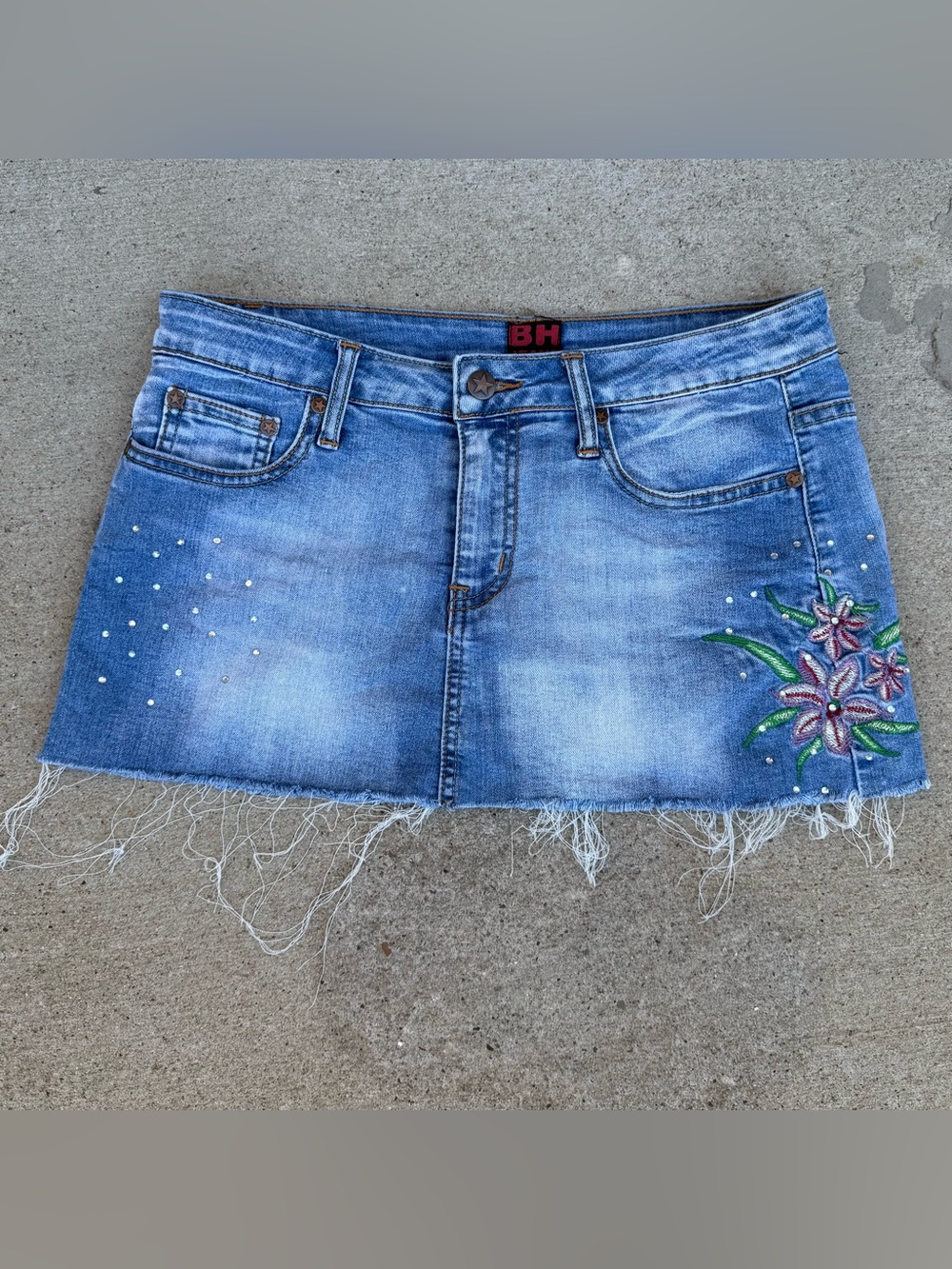 Vintage BH Jeans Beverly Hills Rhinestone Embroidered Denim Micro Mini Skirt